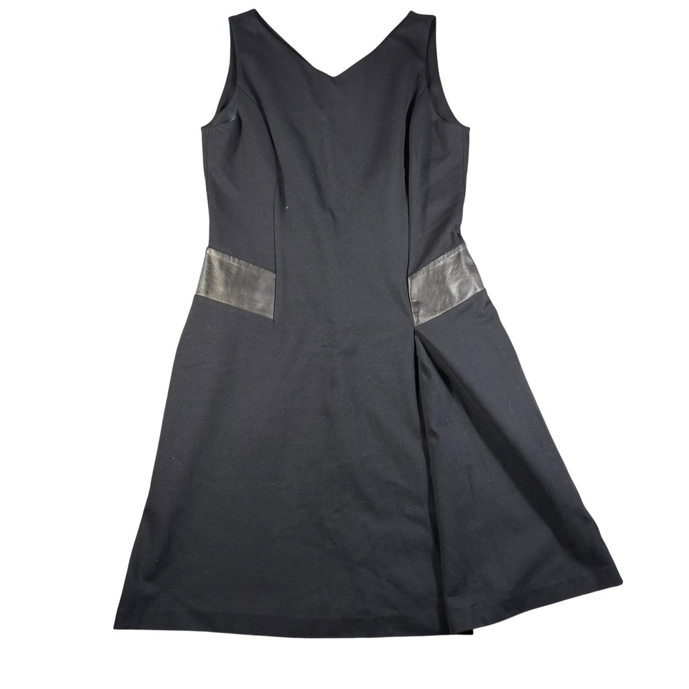 Lauren Ralph Lauren Black Sleeveless V-Neck Dress Faux Leather Trim Size 12